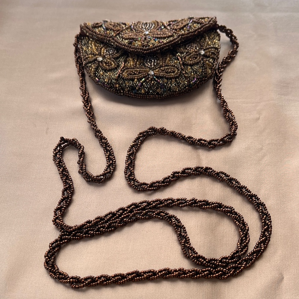 Vintage Beaded SuperMini Clutch in Brown and Gold With Stylish  Crossbody Strap